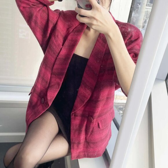 Vintage Striped Wool Blazer: 90s Italian Red Burgundy Jacket - Picture 2 of 8